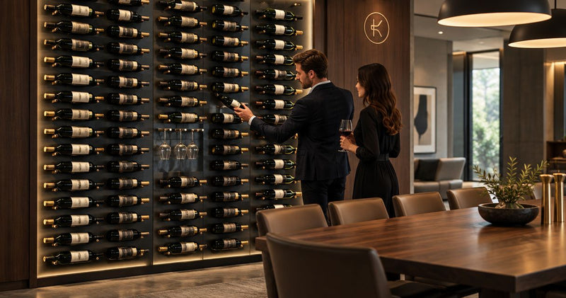 Modern wine racks in dining rooms: sightlines and circulation