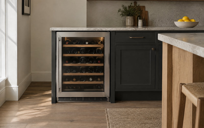 Stainless steel wine refrigerator built into kitchen cabinetry with bottles visible behind the glass door.