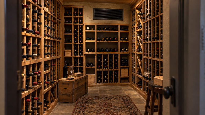 Home wine cellar with a cooling unit grille high on the back wall