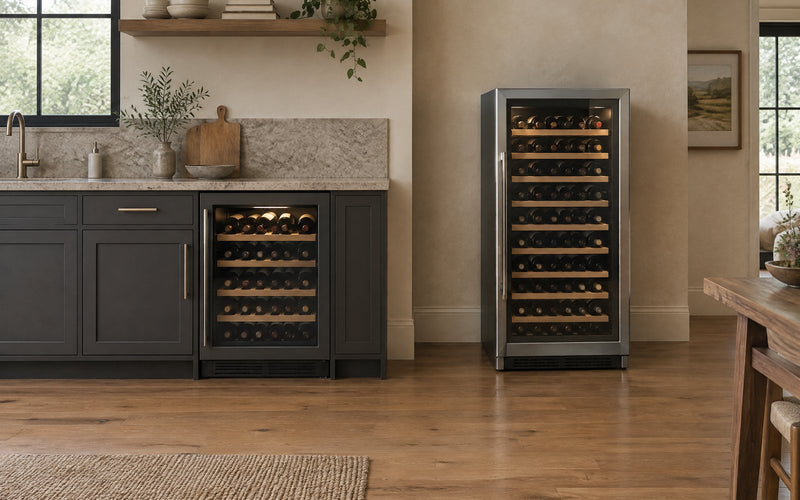 A built-in wine refrigerator flush with kitchen cabinetry beside a freestanding wine refrigerator standing alone.