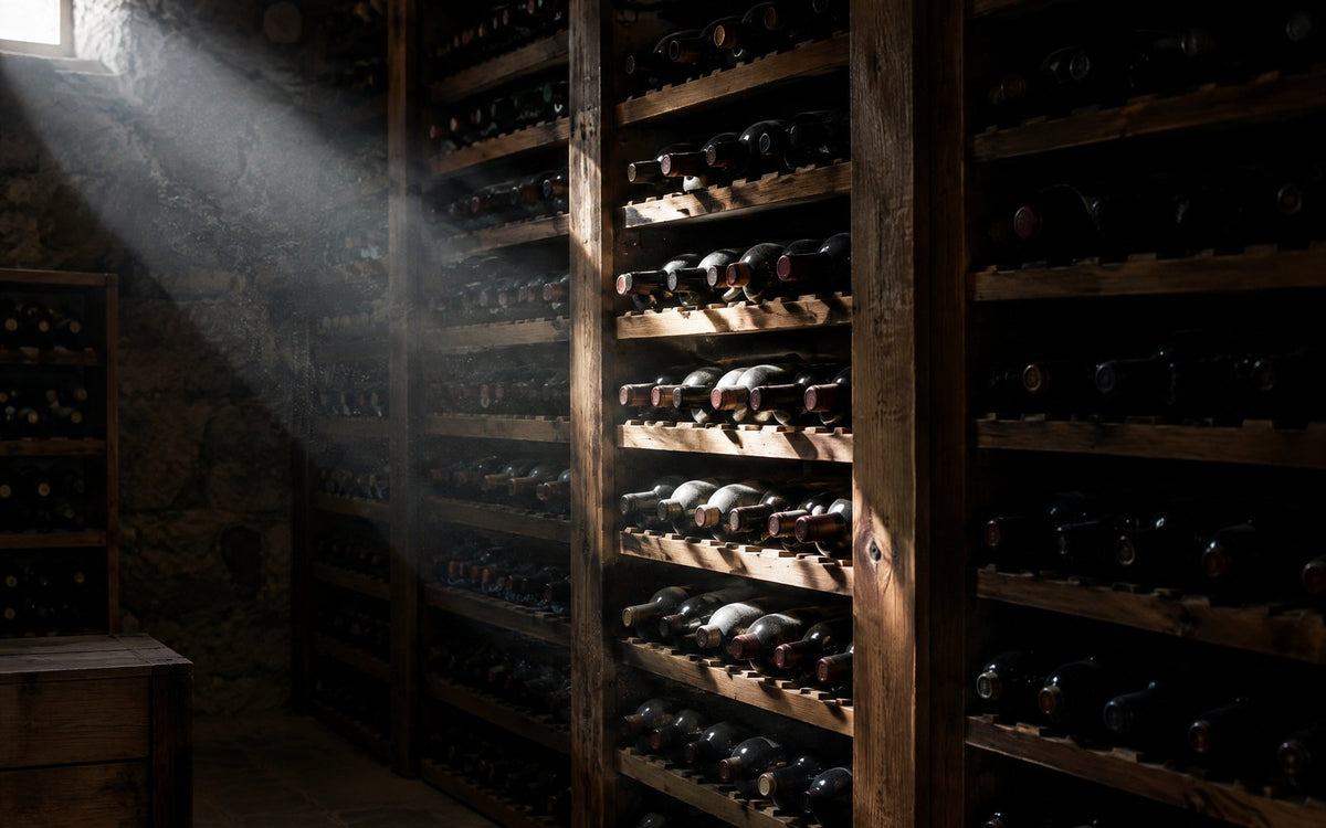 Shaft of daylight falling across wine bottles in a dark cellar, illustrating light exposure.
