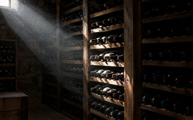 Shaft of daylight falling across wine bottles in a dark cellar, illustrating light exposure.