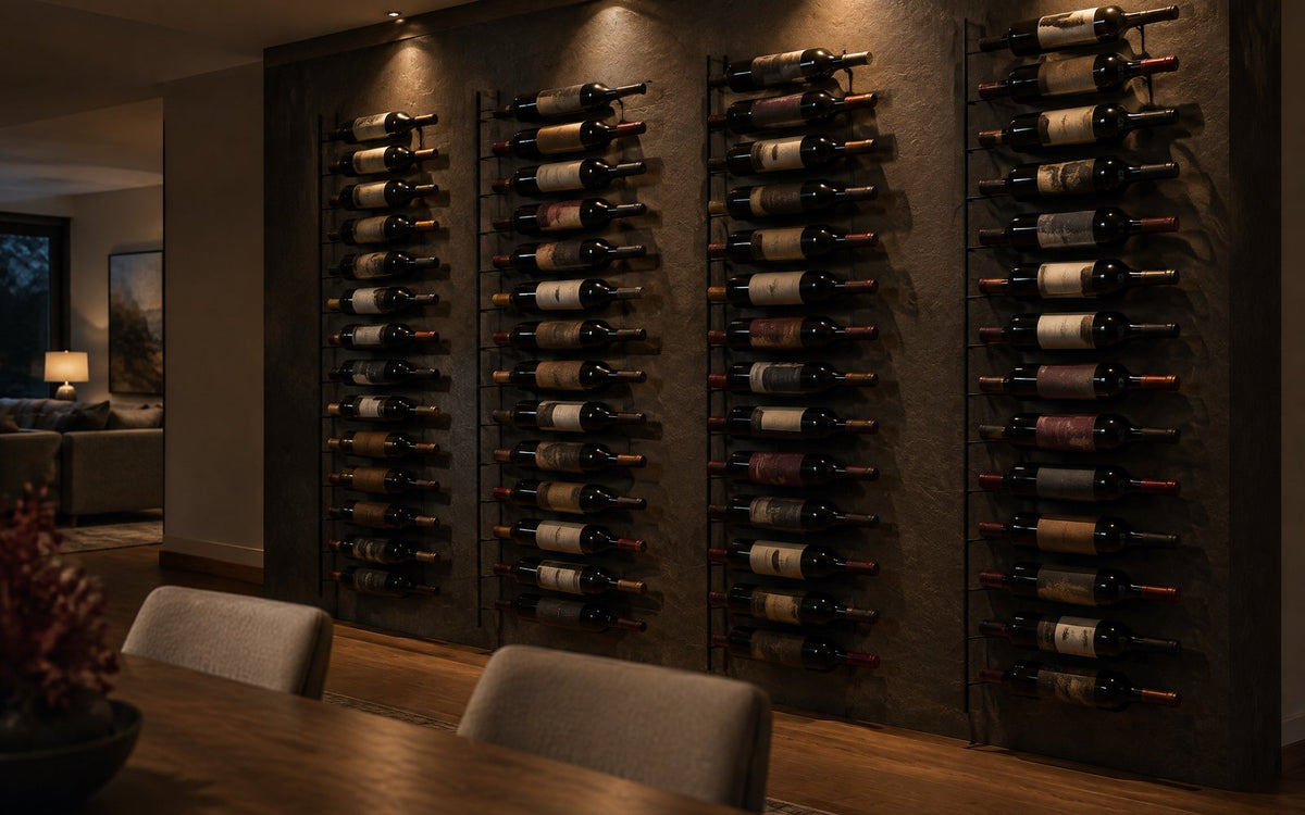 Floor-to-ceiling label-forward wine wall lit from above in an open-plan dining room.