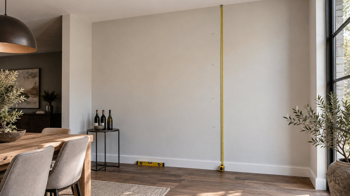 Tape measure running floor to ceiling on an empty wall before a wine rack install