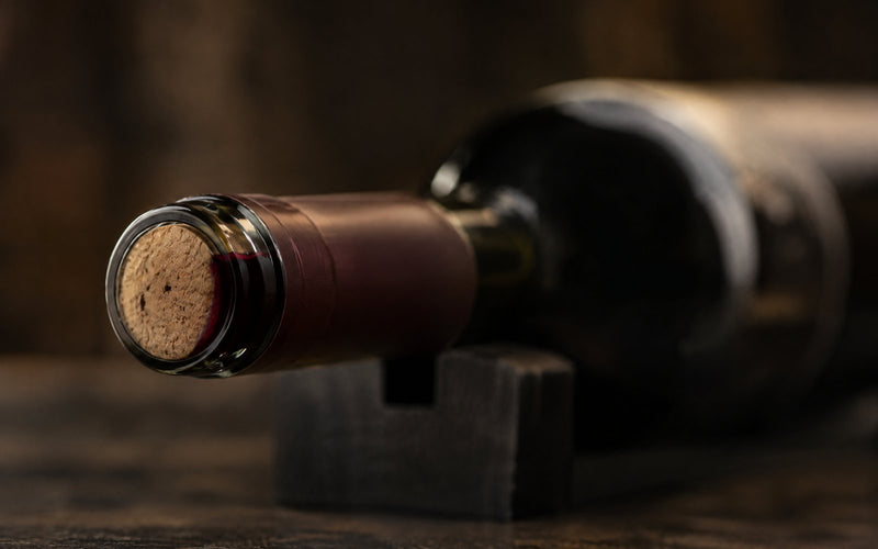 Close-up of a wine bottle stored horizontally with the wine in contact with the cork.