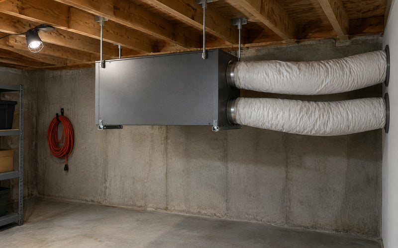 Ducted wine cellar cooling unit suspended in a utility room with insulated ducting running into the adjoining wall.