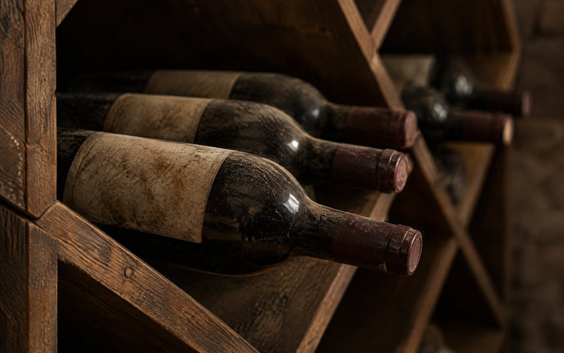 Aged wine bottles resting horizontally in a wooden diamond bin in a dim cellar.