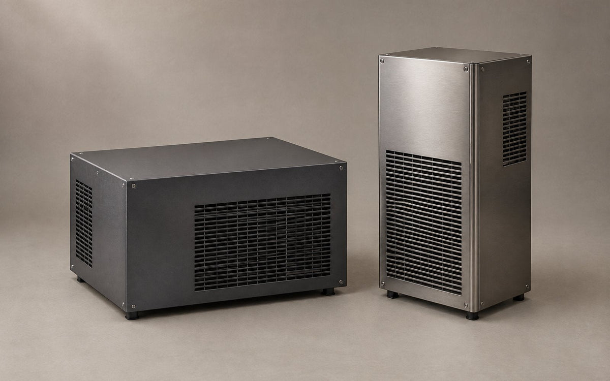 Two wine cellar cooling units of different sizes shown side by side for comparison.