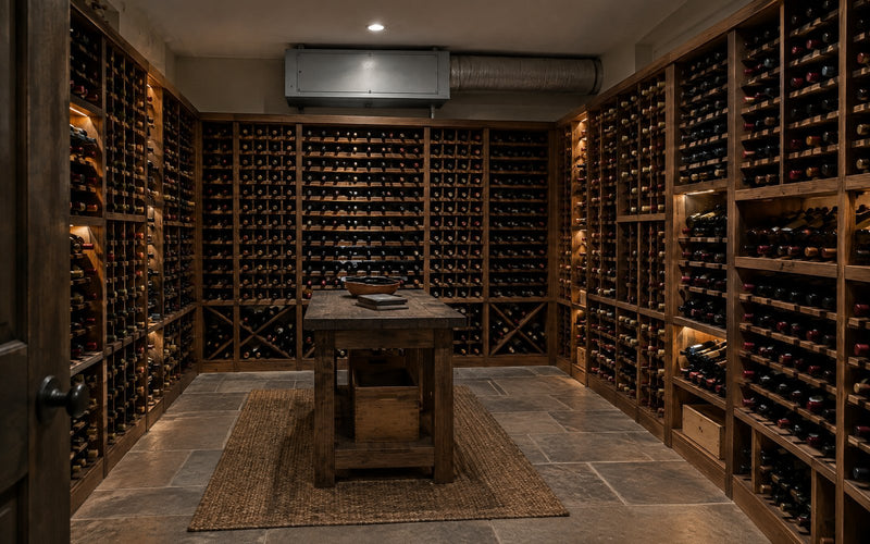 Finished home wine cellar with wooden racking and a ceiling-mounted cooling unit, shown in full.