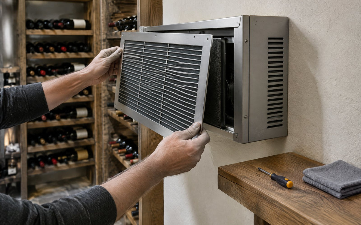 Hands removing the filter grille from a wine cellar cooling unit during routine maintenance.