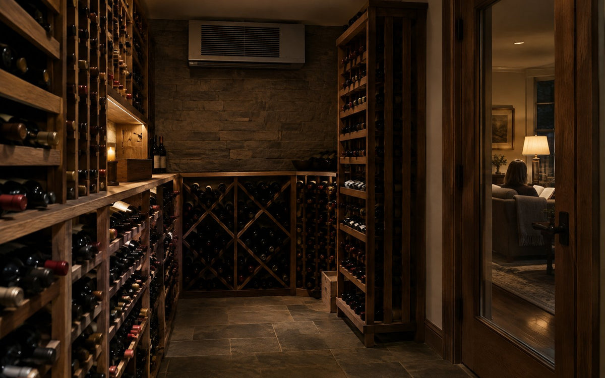 Wine cellar at night with a through-the-wall cooling unit mounted high on the back wall, seen from inside the cellar.