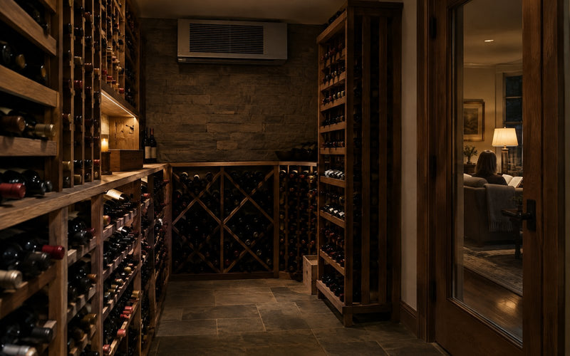 Wine cellar at night with a through-the-wall cooling unit mounted high on the back wall, seen from inside the cellar.