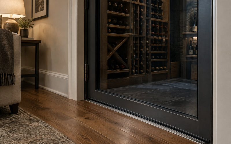 Full-height glass wine cellar door with a visible perimeter seal, seen from the adjoining room.