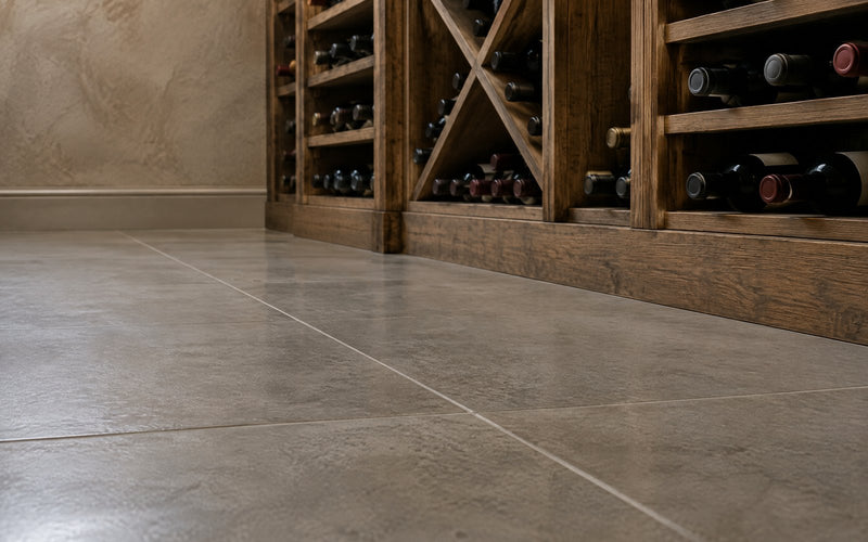 Stone tile flooring in a home wine cellar seen at floor level, meeting the base of a wooden wine rack.