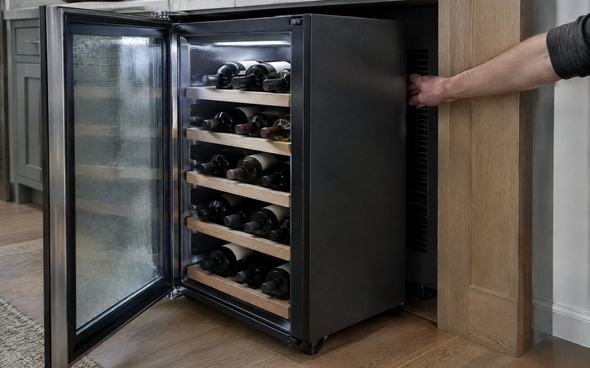 Open wine refrigerator with condensation on the glass and a hand checking the rear ventilation.