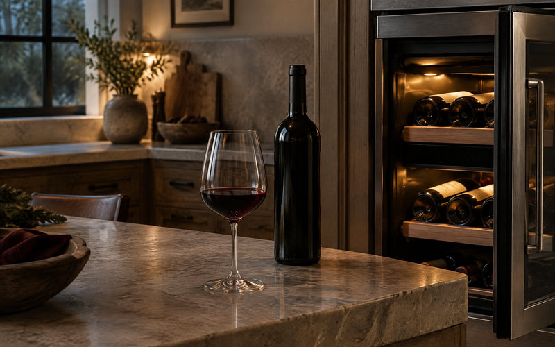 Glass of red wine on a kitchen worktop beside an open dual-zone wine refrigerator.