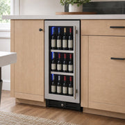 15 inch stainless steel left hinge beverage center built into a kitchen
