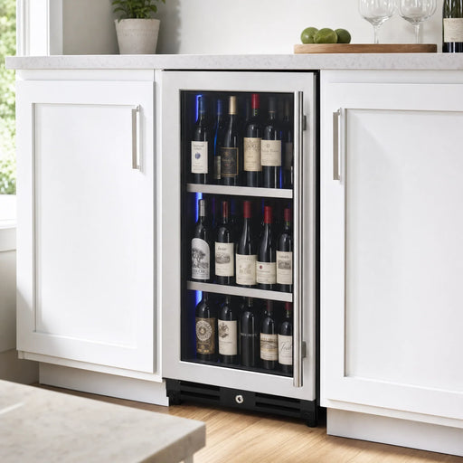 15 inch Reserva beverage center, left hinge, built into kitchen cabinetry
