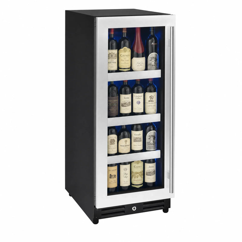 15 inch Reserva Series stainless steel left hinge beverage center stocked with wine