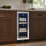 15 inch stainless steel right hinge beverage center built into a kitchen