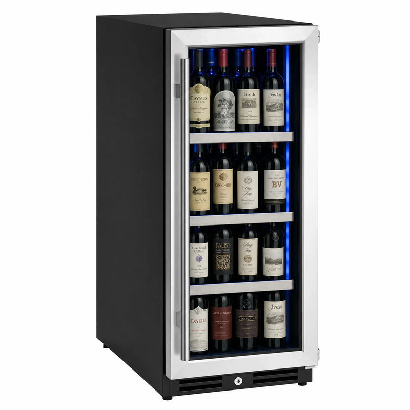 15 inch Reserva Series stainless steel right hinge beverage center stocked with wine