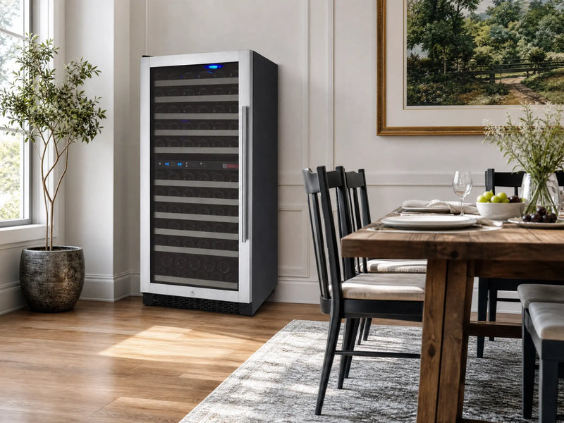 24 inch FlexCount II 121 bottle dual zone wine refrigerator, left hinge, lifestyle room view
