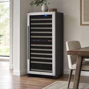 24 inch FlexCount II 121 bottle dual zone wine refrigerator, left hinge, in a modern kitchen