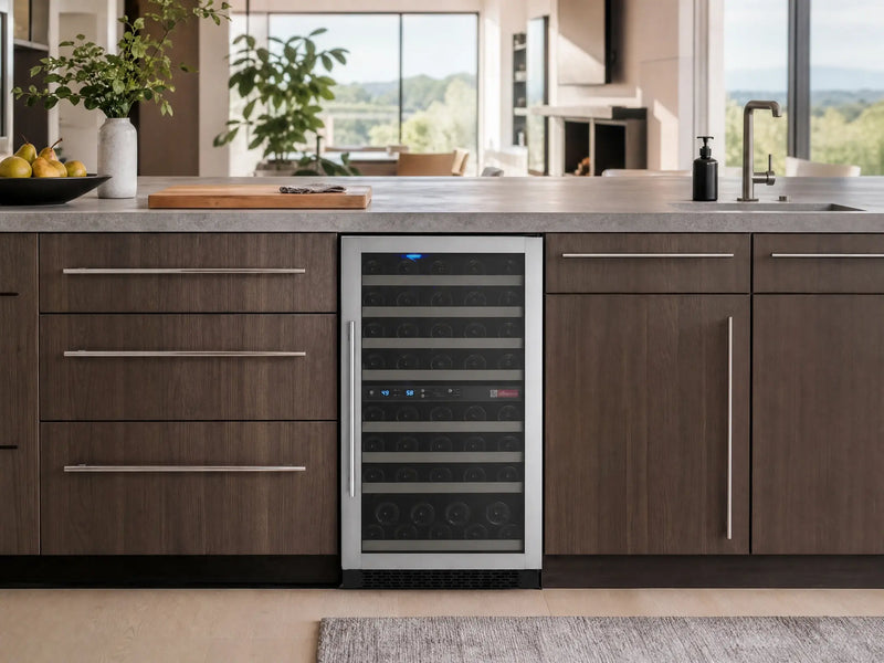 24 inch FlexCount II 121 bottle dual zone wine refrigerator, right hinge, lifestyle room view