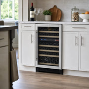 24 inch FlexCount II 121 bottle dual zone wine refrigerator, right hinge, in a modern kitchen