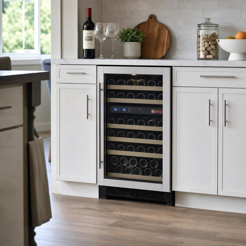 24 inch FlexCount II 121 bottle dual zone wine refrigerator, right hinge, in a modern kitchen