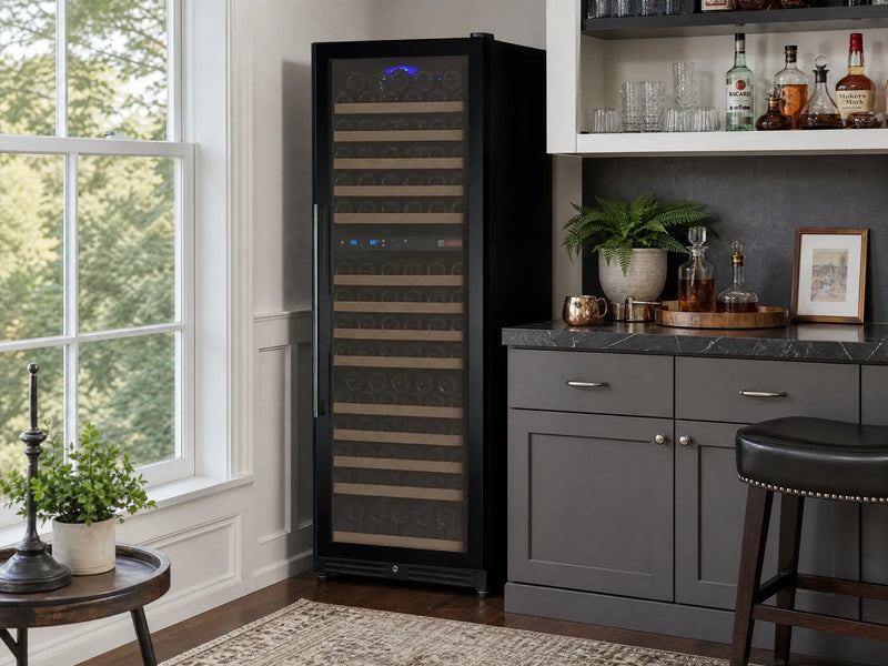 FlexCount II 172 Bottle dual zone black wine refrigerator in a home setting