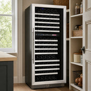 FlexCount II 172 Bottle dual zone stainless wine refrigerator in a kitchen