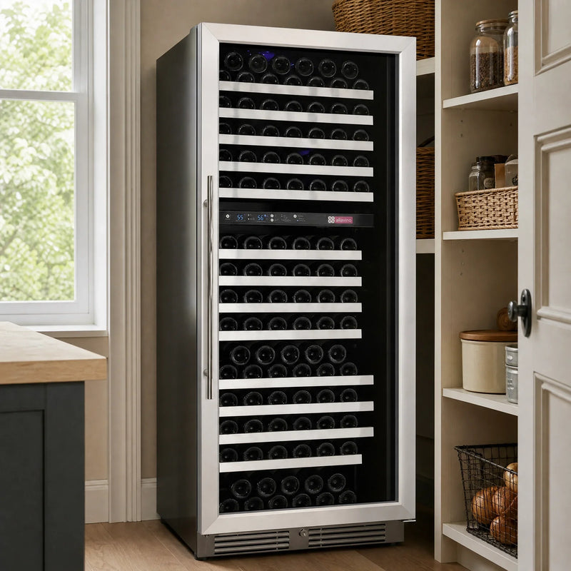 FlexCount II 172 Bottle dual zone stainless wine refrigerator in a kitchen