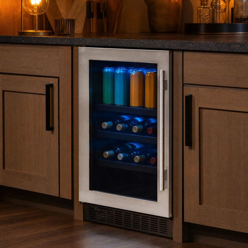 24 inch stainless steel left hinge beverage center built into a kitchen