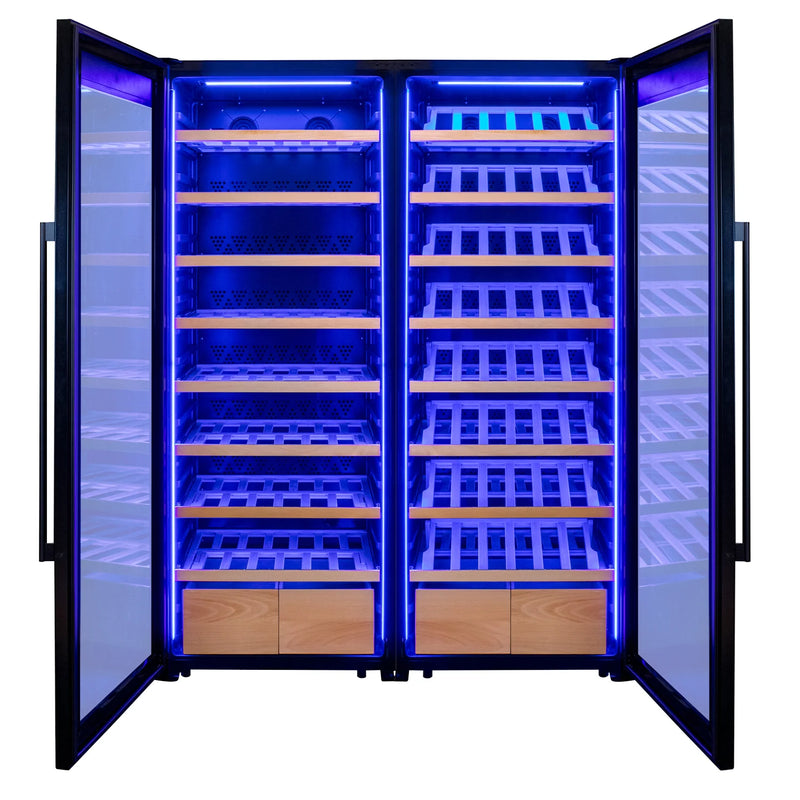 496 Bottle Dual Zone Black Glass Side-by-Side Wine Refrigerator with Display Shelving