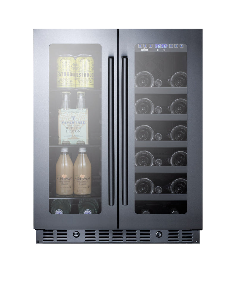 Summit ALFD24WBVCSS stainless steel 24 in ADA wine and beverage center, filled with wine and beverages