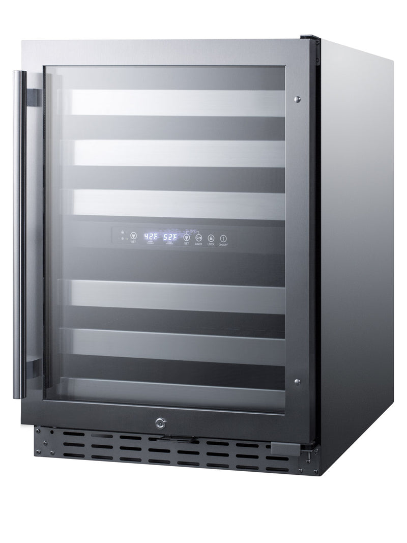 Summit ALWC532CSS stainless steel 24 in ADA dual-zone wine refrigerator, angle view showing the stainless steel cabinet