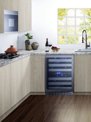 Summit ALWC532CSS stainless steel 24 in ADA dual-zone wine refrigerator, installed in a kitchen