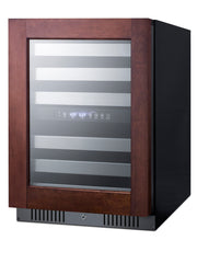 Summit ALWC532PNR panel-ready 24 in ADA dual-zone wine refrigerator, shown with a custom wood panel, angle view