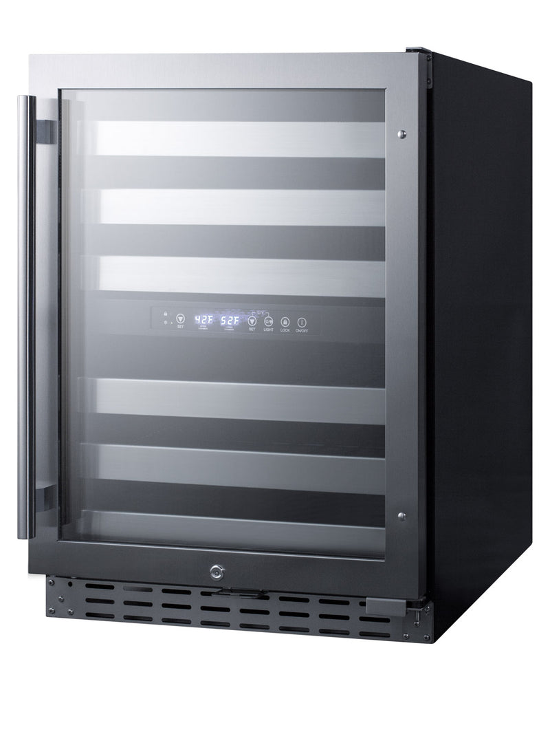 Summit ALWC532 black 24 in ADA dual-zone wine refrigerator, angle view showing the black cabinet
