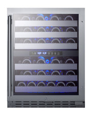 Summit ALWC532 black 24 in ADA dual-zone wine refrigerator, filled with bottles