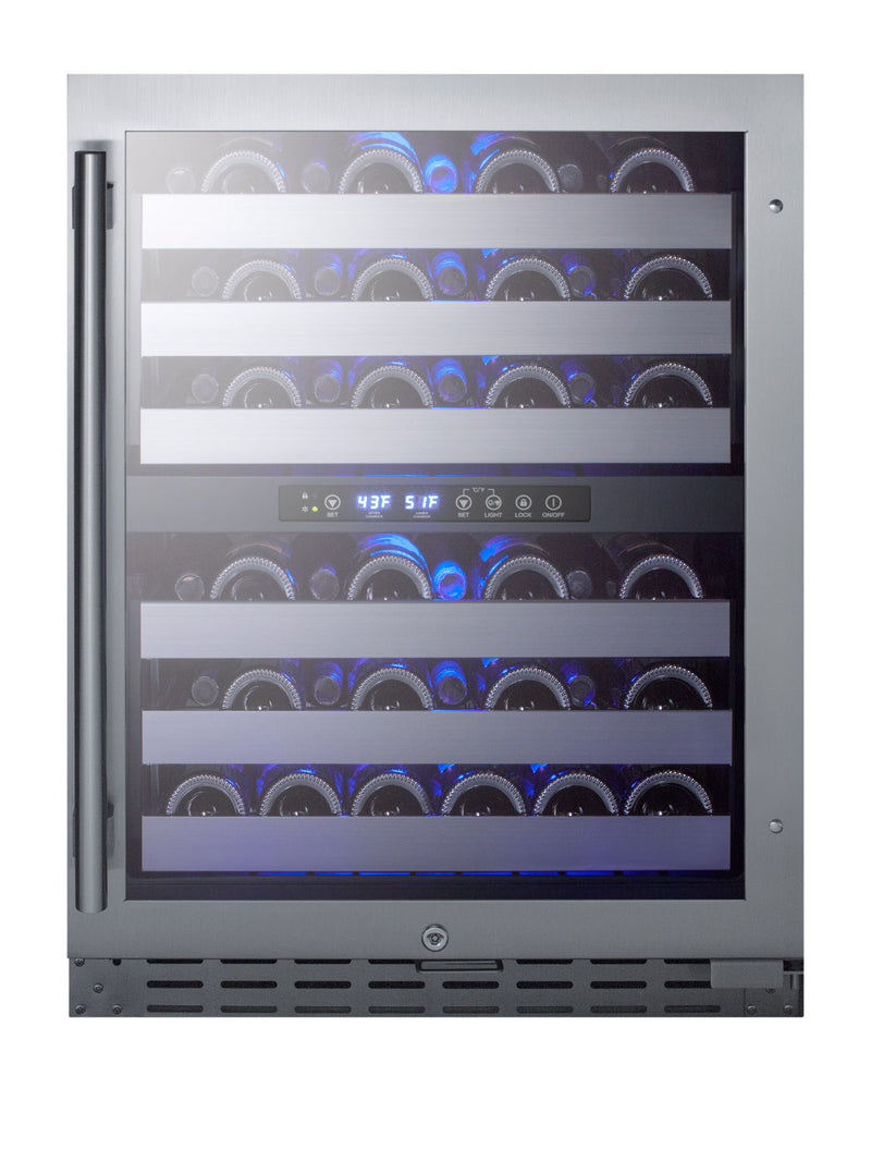 Summit ALWC532 black 24 in ADA dual-zone wine refrigerator, filled with bottles