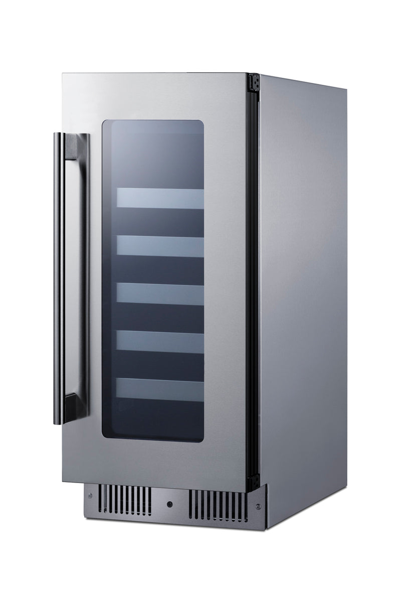 Summit CL155WC1CSS 15 inch wine refrigerator, stainless steel cabinet, angle