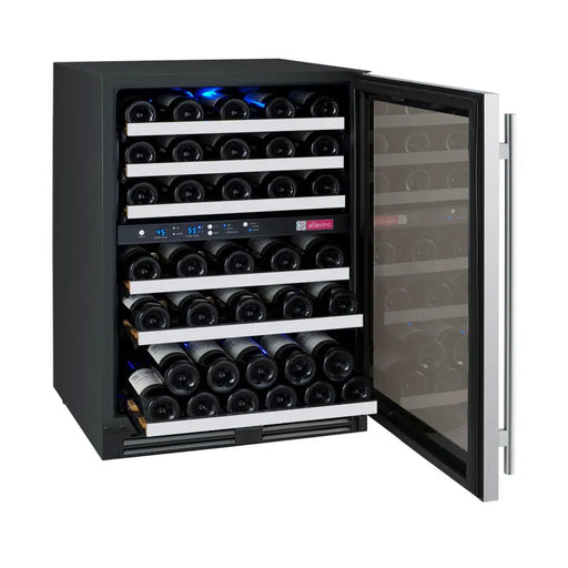 Allavino VSWR56-2 dual zone wine refrigerator with door open showing FlexCount shelving