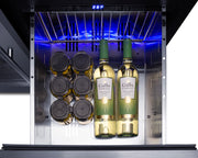 Summit SWCDAR36UC stainless steel 36 in undercounter wine cooler and drawer refrigerator, drawer open with bottles