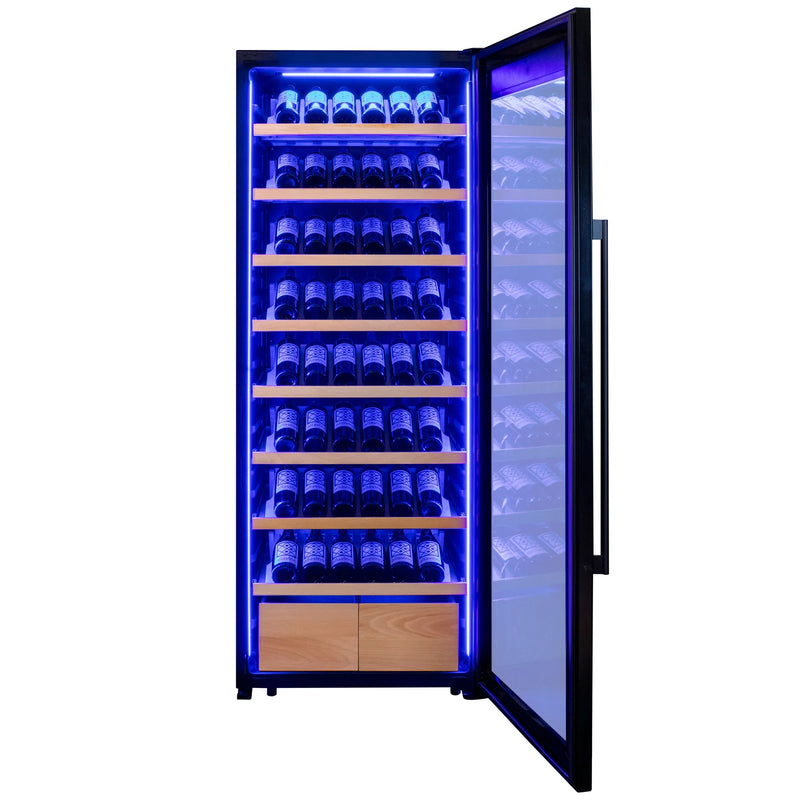 29" Wide 248 Bottle Single Zone Black Glass Left Hinge Wine Refrigerator with Display Shelving
