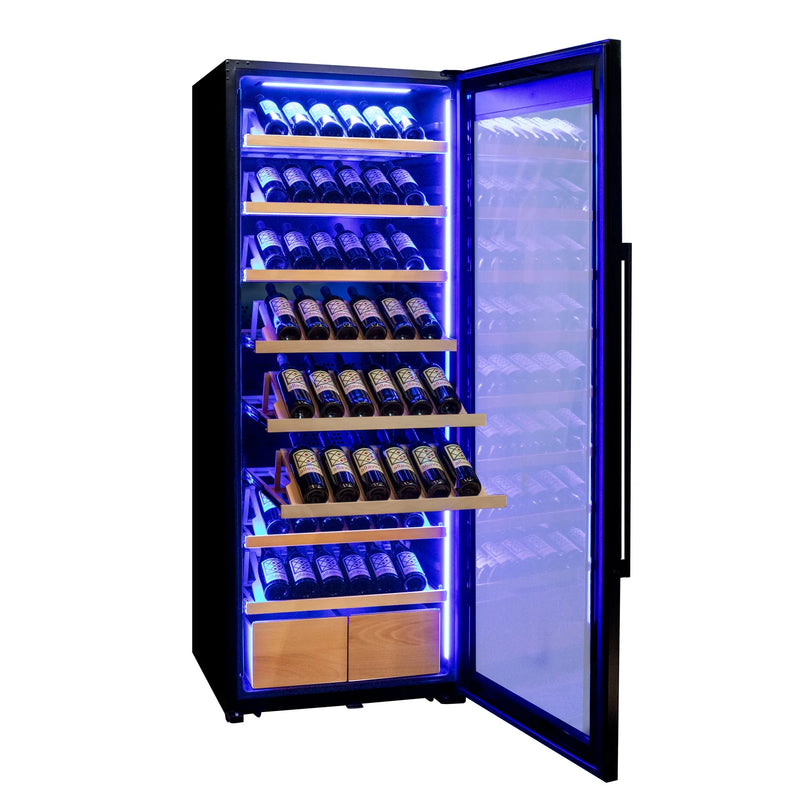 29" Wide 248 Bottle Single Zone Black Glass Left Hinge Wine Refrigerator with Display Shelving