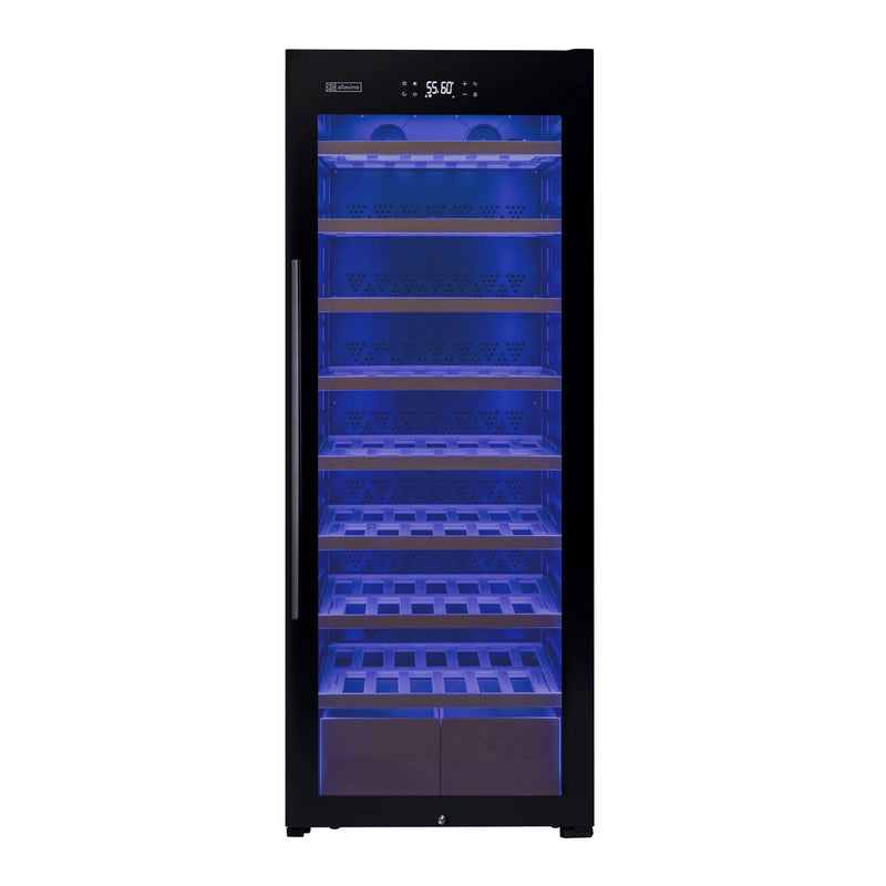 29" Wide 248 Bottle Single Zone Black Glass Left Hinge Wine Refrigerator with Display Shelving