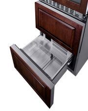 Summit SWCDAF24PNR panel-ready 24 in wine refrigerator with freezer drawers, lower freezer drawer open, custom wood panel