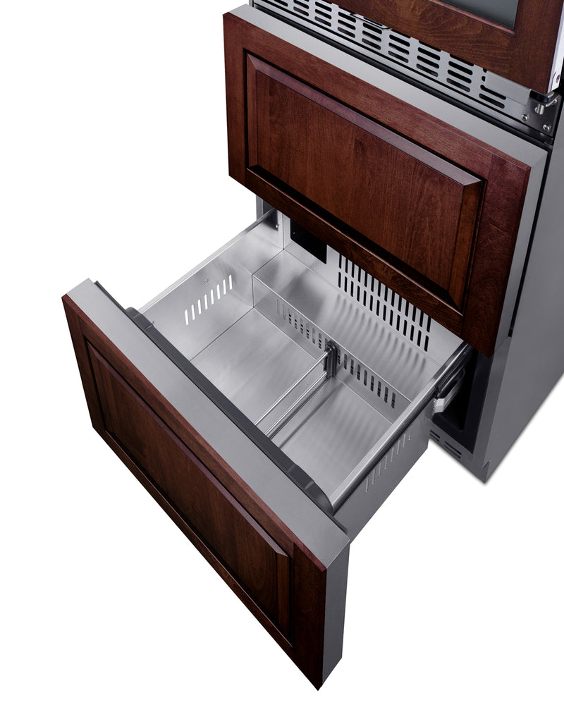 Summit SWCDAF24PNR panel-ready 24 in wine refrigerator with freezer drawers, lower freezer drawer open, custom wood panel